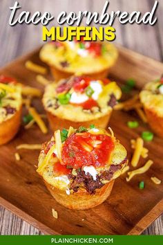 mini taco cornbread muffins on a wooden tray with text overlay