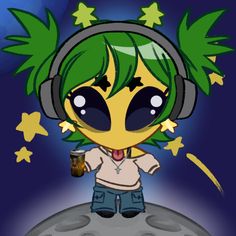 a cartoon character with headphones on and holding a drink in front of her face