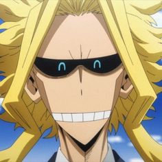 an anime character with blonde hair wearing sunglasses and looking at the camera while staring into the distance