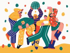 an illustration of people dancing around a globe in the middle of a circle with confetti all around them