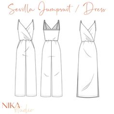 three dresses that are drawn in pencil, with the words'jennyport / kleid sevillia '