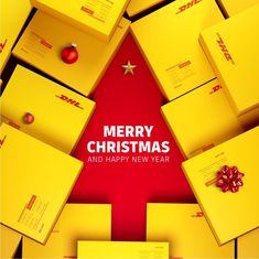 a christmas tree made out of yellow envelopes with red bows on top and the words merry christmas and happy new year