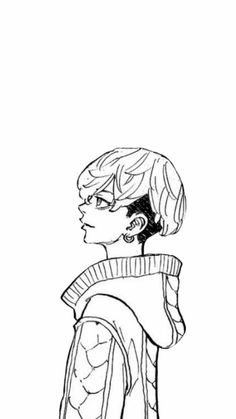 a black and white drawing of a person wearing a sweater, standing in front of a wall