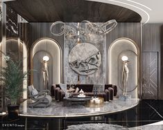 an elegant living room with marble walls and furniture in the center, along with chandeliers