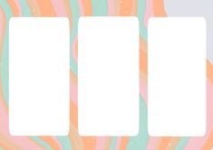 three blank cards are placed next to each other on a multicolored pattern background