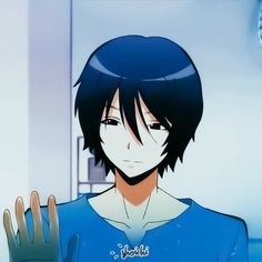 an anime character with black hair and blue eyes holding his hand up to the camera