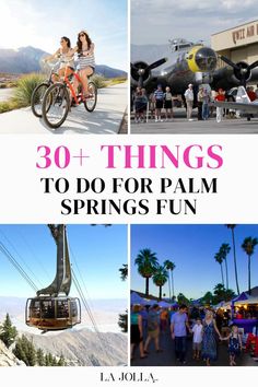 A collage of people cycling, an airplane at an aviation museum, a tramway, and a family enjoying a lively street market. Downtown Palm Springs, Spring Architecture, Palm Desert California, Parker Palm Springs, Cool Things To Do, California Destinations, Palm Spring, Spring Fun, Palm Springs California