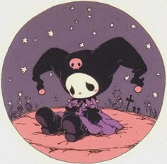 a cartoon character sitting on the ground in front of a purple and black background with stars