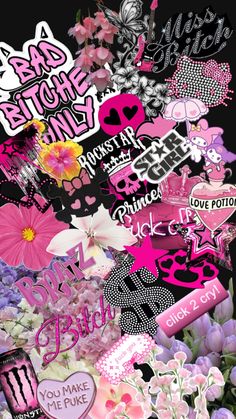 pink and black collage with lots of flowers