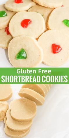 gluten free shortbread cookies with candy on top and the words, gluten free shortbread cookies