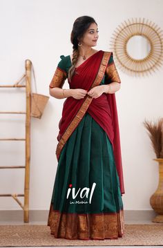 Half Saree Red And Green, Narayani Pattu Half Sarees, Pattu Voni Half Saree, Half Saree Cotton, Poses On Half Saree At Home, Dark Green Langa Voni, Cotton Half Saree Designs, Red Pattu Lehenga Half Saree, Half Sarees Design