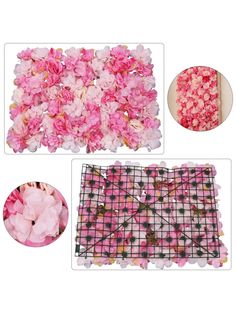 pink and white flowers are placed on the floor next to a mesh netted area