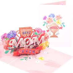 a mother's day card with the word best mom in 3d cut out letters