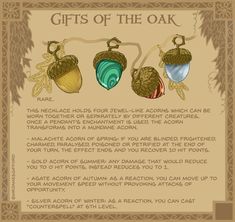 three acorns hanging from a string with the words gifts of the oak