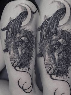 two black and white tattoos on legs with an animal's head in the middle