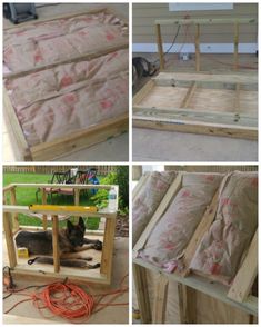 four pictures showing different stages of building a bed frame