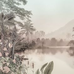 a painting of trees, plants and water in front of a foggy mountain range