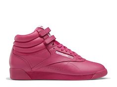 Saw this at DSW! Cheap Pink Closed Toe Sneakers, Reebok Hi Shoes, Adidas High Tops Pink, Reebok Freestyle Hi, Reebok Freestyle, Trending Handbags, Hi Top Sneakers, Mid Top Sneakers, Reebok Shoes