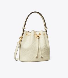 T Monogram Leather Bucket Bag: Women's Designer Crossbody Bags | Tory Burch Coated Canvas Pouch Bucket Bag, T Monogram, Womens Designer Handbags, Designer Crossbody, Designer Crossbody Bags, Monogrammed Leather, Leather Bucket Bag, Leather Bucket, Handbag Shoes