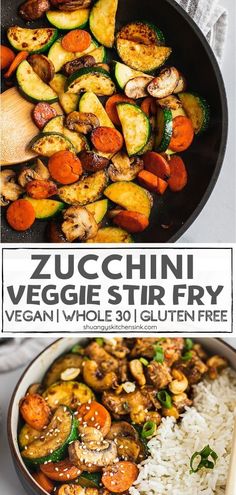 zucchini veggie stir fry with white rice in a skillet on the side