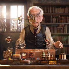 an old man sitting at a desk surrounded by antique items