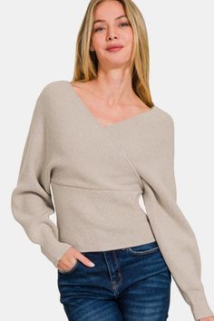 Zenana Cross Wrap Rib Long Sleeve Sweater Southern Soul Collectives Arch Angel, Stylish Sweaters, Wrap Sweater, Viscose Fabric, Ribbed Sweater, Basic Style, Sleeve Sweater, Stretchy Material, Pullover Sweater