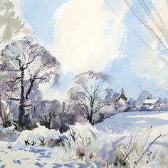 a painting of trees and houses in the snow