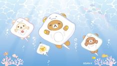 three cartoon bears floating in the water with bubbles and corals around them on a blue background