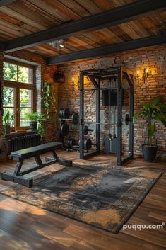 a home gym with brick walls and flooring, including a bench for squatting