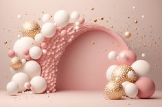 an abstract pink and white background with gold dots, balls and bubbles in the shape of a rainbow