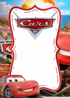 the cars movie poster is shown in red and white