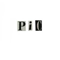 the word pic written in cut out letters on a white background with black and grey ink