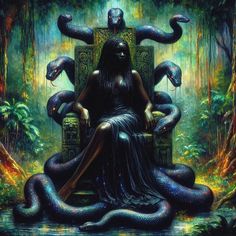 an image of a woman sitting on a throne with snakes around her and two snakes surrounding her