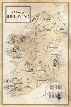 an old map with the name and location of ireland in black ink on parchment paper