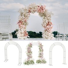 the wedding arch is decorated with pink and white flowers