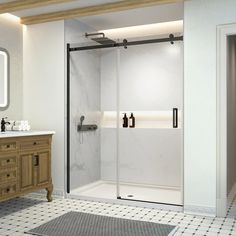 Upgrade your bathroom with our 46-48" W x 74" H Frameless Single Sliding Shower Door, designed with premium 5/16" (8mm) SGCC Certified Clear Tempered Glass and a modern Matte Black finish. This sleek shower door features a built-in magnetic closure system, ensuring a secure, effortless close every time. The magnetic seal provides a watertight barrier, preventing leaks and enhancing your shower experience. With its frameless design and reversible installation, this door offers both style and vers Shower With Sliding Glass Door, Barn Door Shower Doors, Bathroom Shower Door, Sliding Door Shower, Shower Glass Door, Tub To Shower Conversion, Bathroom Shower Doors, Shower Conversion, Small Bathroom With Shower