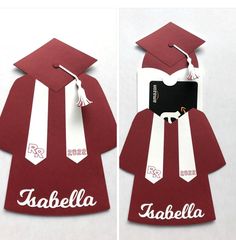 two pictures of graduation caps and gowns made out of cut outs with name tags attached to them