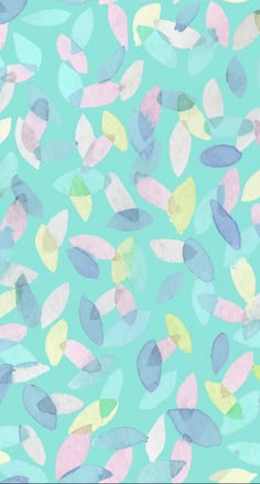 an abstract painting with blue, pink and yellow leaves on a green background in shades of pastel colors