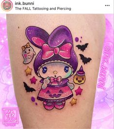 Melody Tattoo, My Melody Halloween, Kitty Tattoos, Hello Kitty Design, Hello Kitty Tattoos, Halloween Tattoo, Horror Tattoo, Snapchat Picture, Halloween Tattoos