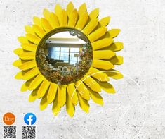 a sunflower is shown in the middle of a wall with a window behind it