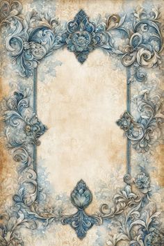 an ornate frame with blue flowers and scrolls on the edges, against a beige background