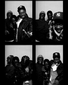 four black and white photos of people posing for a photo booth with one person wearing a hat