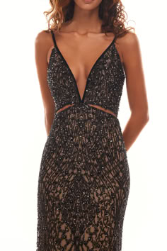 This striking beige maxi dress on spaghetti straps with exquisite black sequined ornament is a gala-worthy option capable of overshadowing paparazzi flashes. The beige color reminds of a skin that serves as a canvas for a sparkling black ornament. A deep V-neckline is adorned with side cuts under the decollete that continue on the back imitating the co-ord set. The maxi skirt has a back slit. Details: Material: Lace Fabric Composition: 100% polyester Accessories: 100% plastic Sleeves style: Wide Luxury Black Sequin Dress For Spring, Luxury Chic Sequin Evening Dress, Luxury Spring Formal Sequin Dress, Luxury Black Sequin Dress, Luxury Sequined Backless Gown, Luxury Elegant Sequin Dress, Luxury Sequin Maxi Dress For Night Out, Luxury Sequined Maxi Dress With Sweetheart Neckline, Luxury Sequined Backless Party Dress