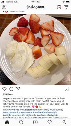 a white plate topped with sliced strawberries next to whipped cream and banana wedges