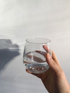 a person holding up a glass with water in it's hand, against a white wall