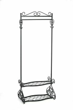 a black metal rack with two shelves on it's sides and one shelf attached to the wall