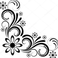 black and white floral design with swirls and flowers on the side stockvector