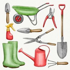 an image of garden tools set in watercolor and ink on white paper with clippings