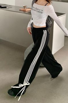 Bow Tie Side Stripe Pants , coquette side stripe pants with bows, adidas bow pants , stripe bow pant Black Sports Pants, Baggy Pants Women, Chic Autumn, Sports Pants Women, Stripe Pants, Sports Pants