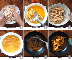 four pictures showing steps in how to make chicken and french fries with gravy